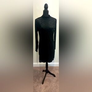 MANGO Black Mock Neck Sheer Velvet Leopard Print Dress with Liner - Size XL
